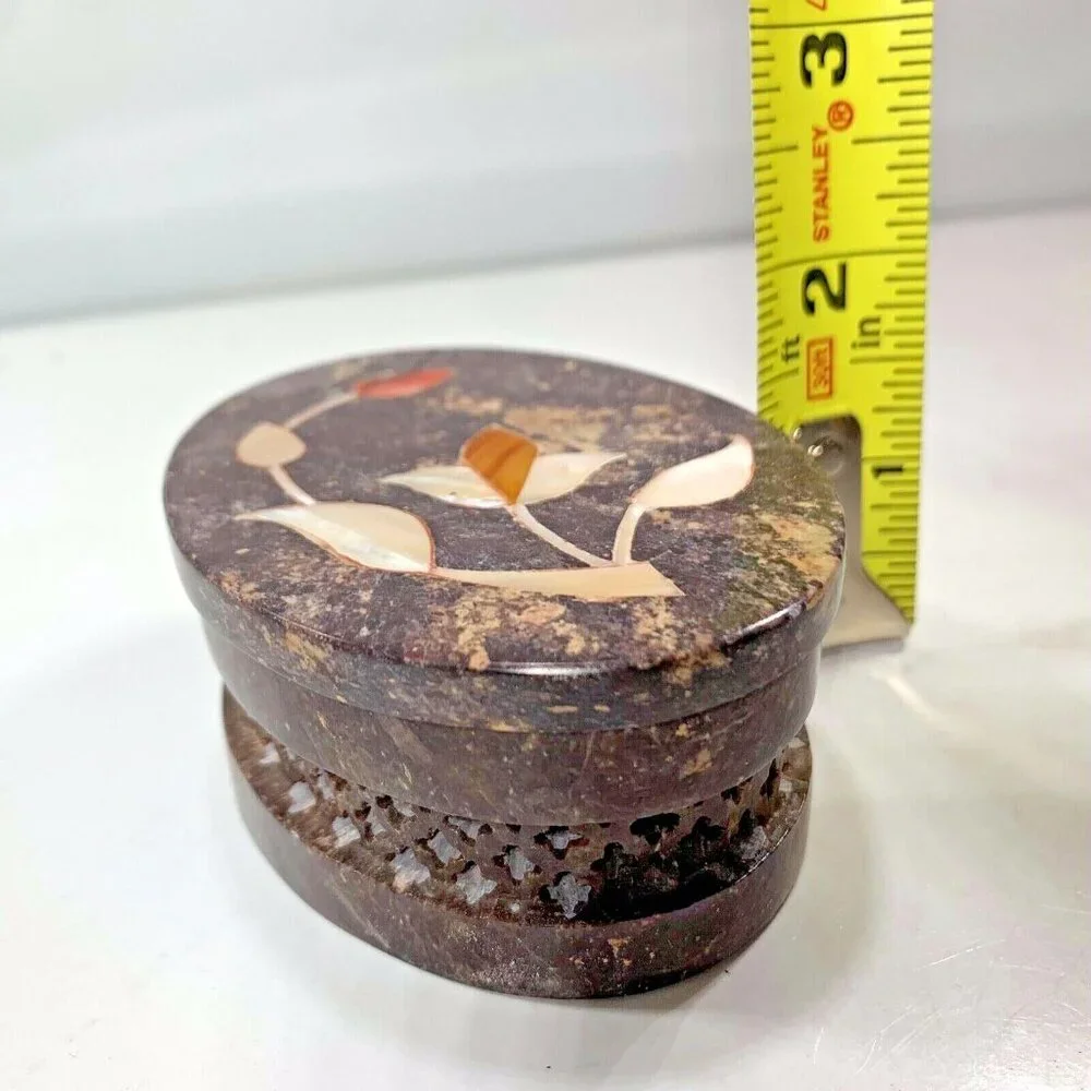 Vtg Handcrafted Sandstone Trinket Box Oval Floral Mother of Pearl Inlay India
